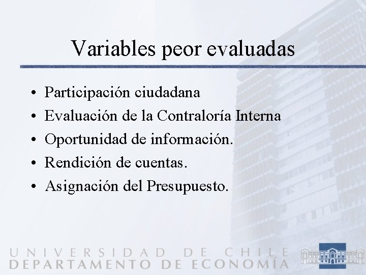 Variables peor evaluadas • • • Participación ciudadana Evaluación de la Contraloría Interna Oportunidad