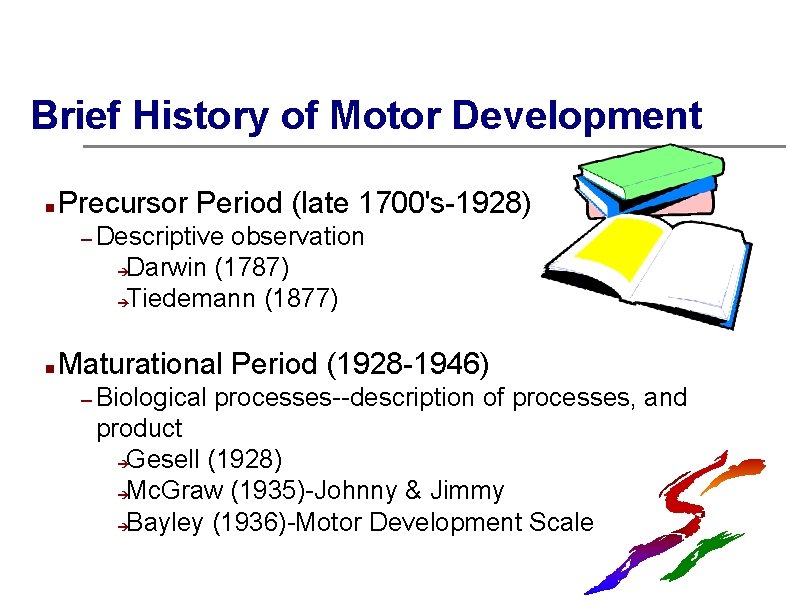 Brief History of Motor Development n Precursor Period (late 1700's-1928) – Descriptive observation èDarwin