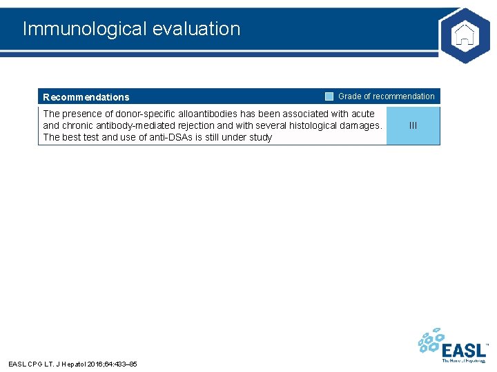 Immunological evaluation Recommendations Grade of recommendation The presence of donor-specific alloantibodies has been associated