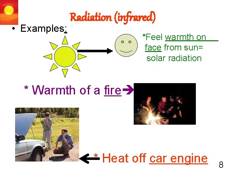  • Examples: Radiation (infrared) *Feel warmth on face from sun= solar radiation *