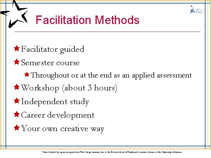 3. 18. 3. G 1 Facilitation Methods êFacilitator guided êSemester course êThroughout or at