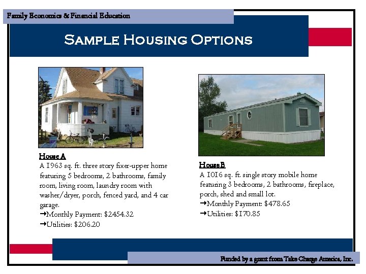 Family Economics & Financial Education Sample Housing Options House A A 1963 sq. ft.