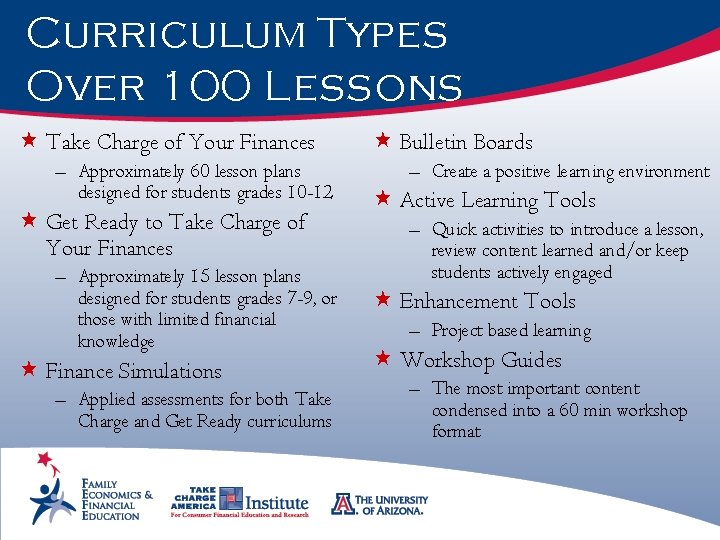 Curriculum Types Over 100 Lessons « Take Charge of Your Finances – Approximately 60