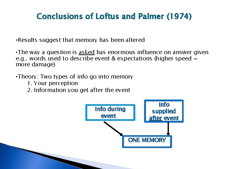 Conclusions of Loftus and Palmer (1974) • Results suggest that memory has been altered