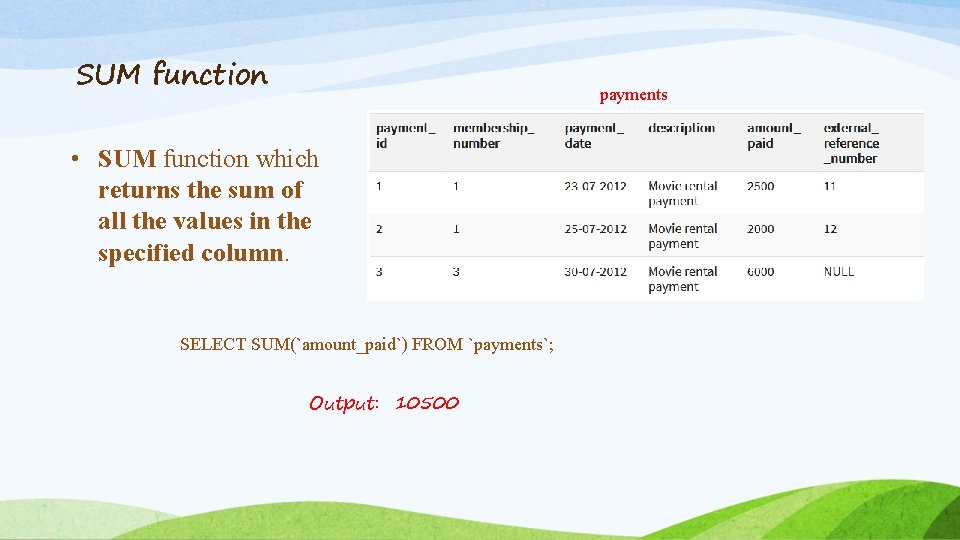 SUM function payments • SUM function which returns the sum of all the values