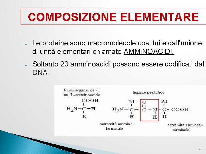 COMPOSIZIONE ELEMENTARE ● ● Le proteine sono macromolecole costituite dall'unione di unità elementari chiamate COMPOSIZIONE ELEMENTARE ● ● Le proteine sono macromolecole costituite dall'unione di unità elementari chiamate