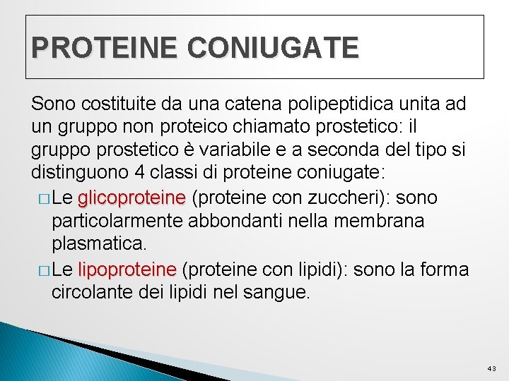 PROTEINE CONIUGATE Sono costituite da una catena polipeptidica unita ad un gruppo non proteico PROTEINE CONIUGATE Sono costituite da una catena polipeptidica unita ad un gruppo non proteico