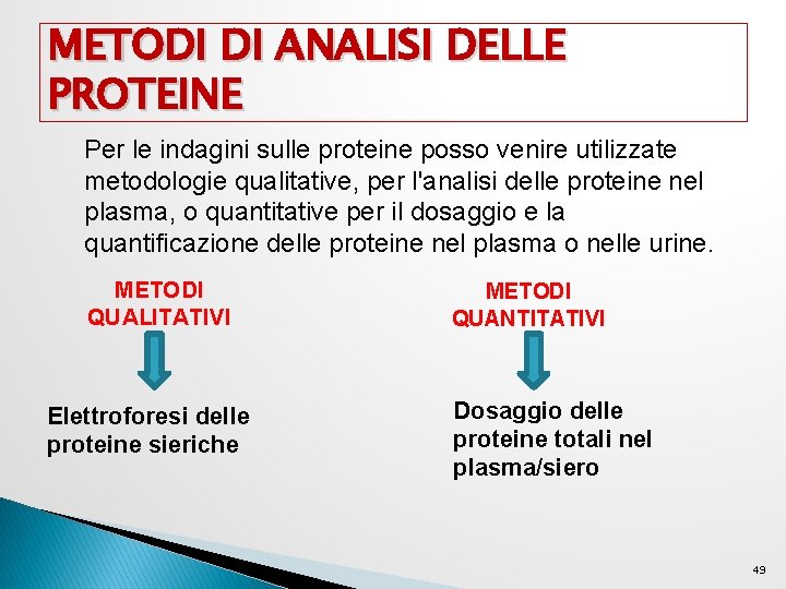 METODI DI ANALISI DELLE PROTEINE Per le indagini sulle proteine posso venire utilizzate metodologie METODI DI ANALISI DELLE PROTEINE Per le indagini sulle proteine posso venire utilizzate metodologie