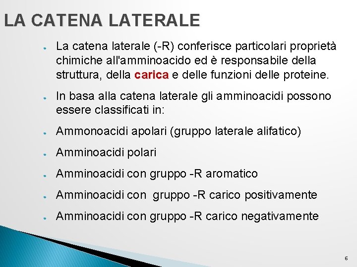 LA CATENA LATERALE ● ● La catena laterale (-R) conferisce particolari proprietà chimiche all'amminoacido LA CATENA LATERALE ● ● La catena laterale (-R) conferisce particolari proprietà chimiche all'amminoacido
