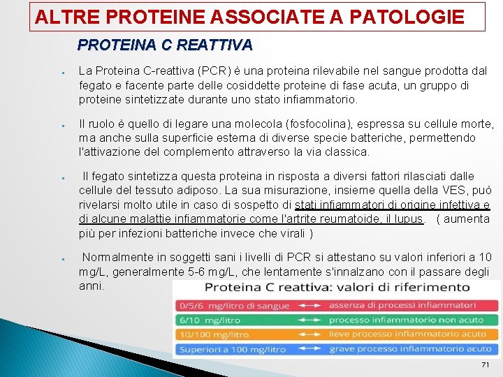 ALTRE PROTEINE ASSOCIATE A PATOLOGIE PROTEINA C REATTIVA ● ● La Proteina C-reattiva (PCR) ALTRE PROTEINE ASSOCIATE A PATOLOGIE PROTEINA C REATTIVA ● ● La Proteina C-reattiva (PCR)