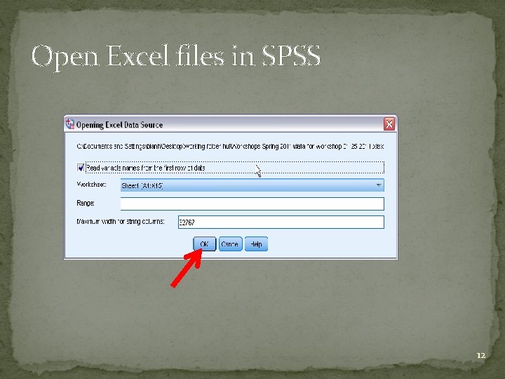 Open Excel files in SPSS 12 Open Excel files in SPSS 12