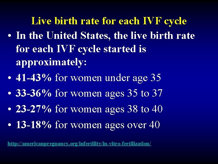  • • • Live birth rate for each IVF cycle In the United