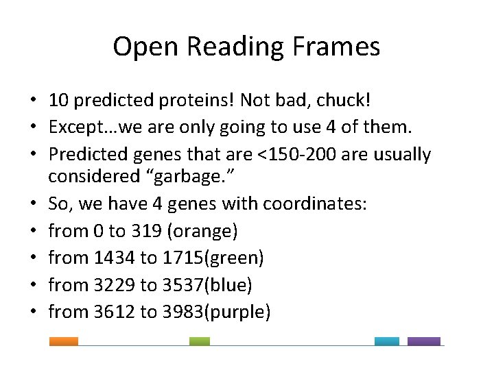 Open Reading Frames • 10 predicted proteins! Not bad, chuck! • Except…we are only
