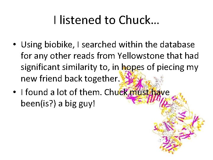 I listened to Chuck… • Using biobike, I searched within the database for any