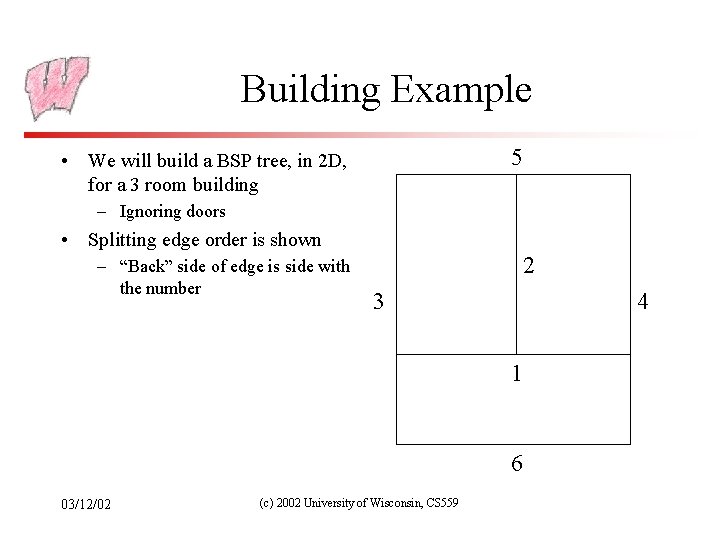 Building Example 5 • We will build a BSP tree, in 2 D, for