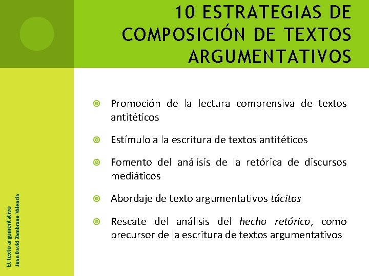 Juan David Zambrano Valencia El texto argumentativo 10 ESTRATEGIAS DE COMPOSICIÓN DE TEXTOS ARGUMENTATIVOS