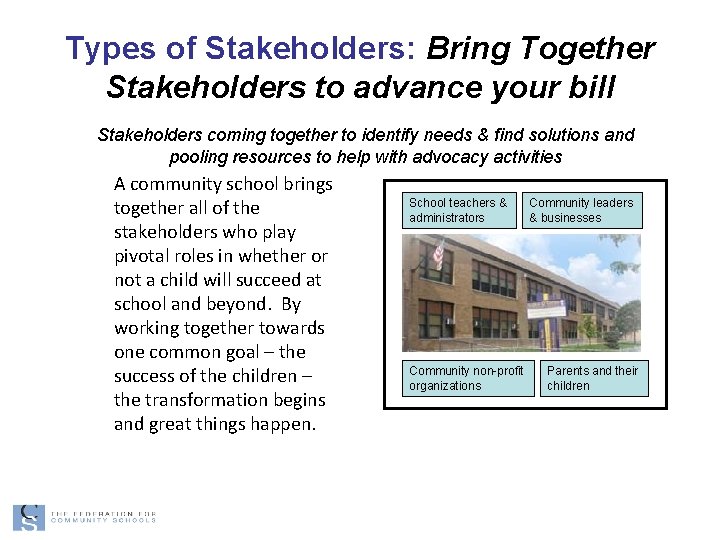 Types of Stakeholders: Bring Together Stakeholders to advance your bill Stakeholders coming together to