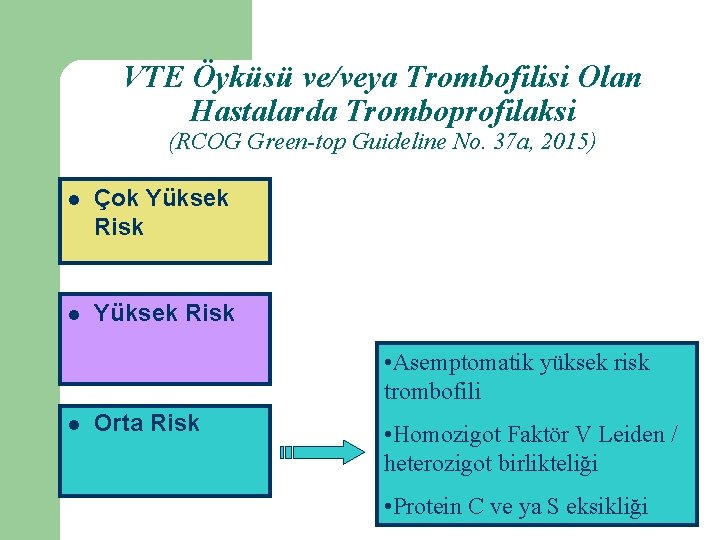 VTE Öyküsü ve/veya Trombofilisi Olan Hastalarda Tromboprofilaksi (RCOG Green-top Guideline No. 37 a, 2015)