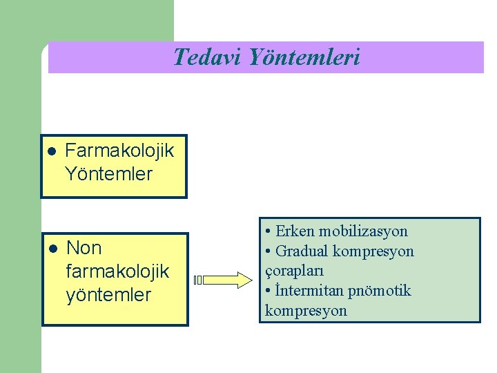 Tedavi Yöntemleri l l Farmakolojik Yöntemler Non farmakolojik yöntemler • Erken mobilizasyon • Gradual