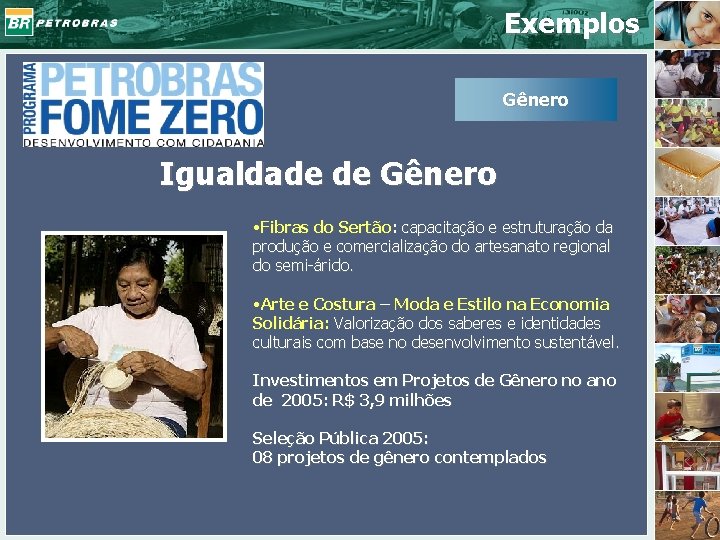 Exemplos Gênero Igualdade de Gênero • Fibras do Sertão: capacitação e estruturação da produção