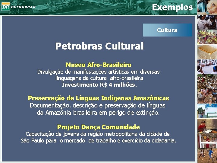 Exemplos Cultura Petrobras Cultural Museu Afro-Brasileiro Divulgação de manifestações artísticas em diversas linguagens da