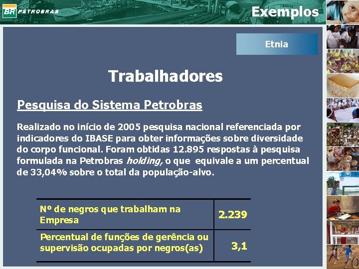 Exemplos Etnia Trabalhadores Pesquisa do Sistema Petrobras Realizado no início de 2005 pesquisa nacional