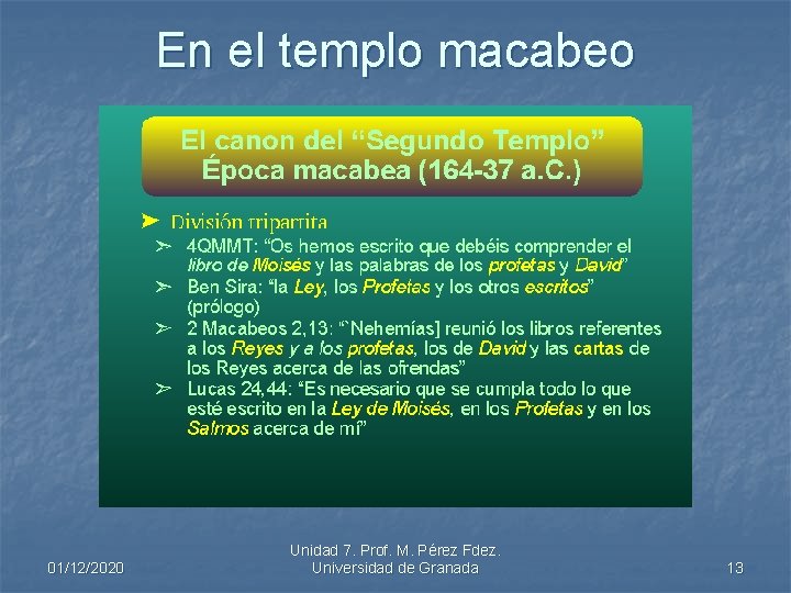 En el templo macabeo 01/12/2020 Unidad 7. Prof. M. Pérez Fdez. Universidad de Granada