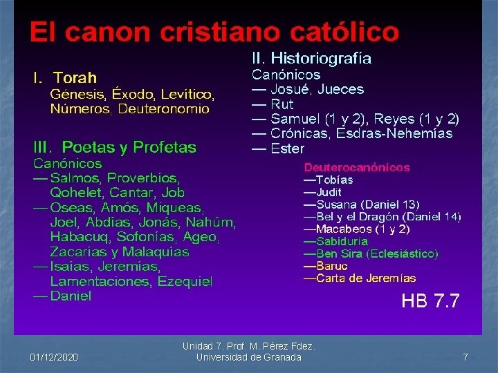 El canon cristiano católico 01/12/2020 Unidad 7. Prof. M. Pérez Fdez. Universidad de Granada