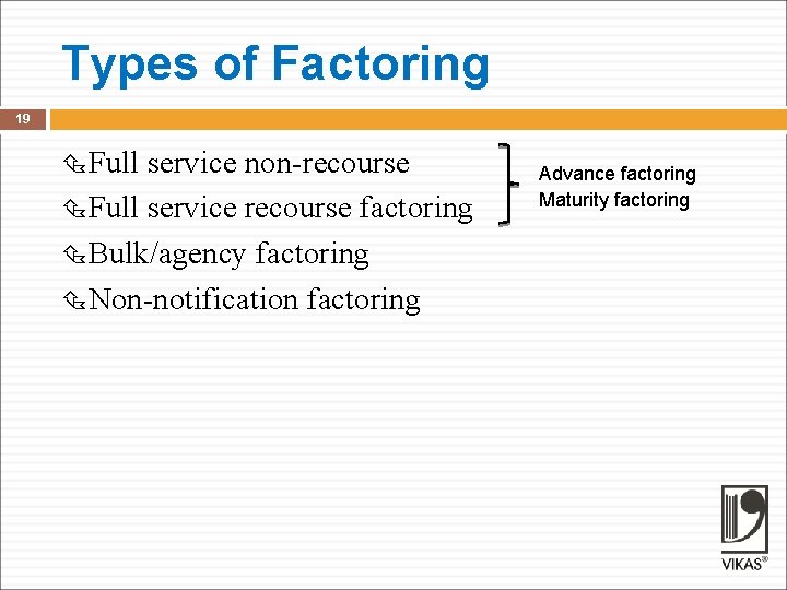 Types of Factoring 19 Full service non-recourse Full service recourse factoring Bulk/agency factoring Non-notification