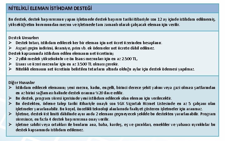 NİTELİKLİ ELEMAN İSTİHDAM DESTEĞİ Bu destek, destek başvurusunu yapan işletmede destek başvuru tarihi itibariyle