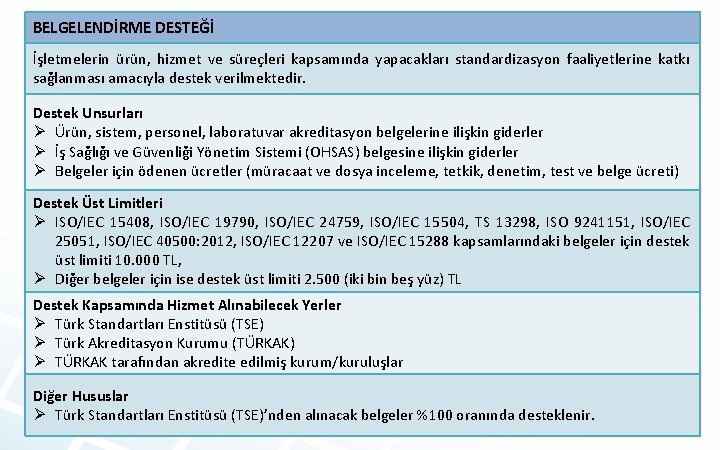 BELGELENDİRME DESTEĞİ İşletmelerin ürün, hizmet ve süreçleri kapsamında yapacakları standardizasyon faaliyetlerine katkı sağlanması amacıyla