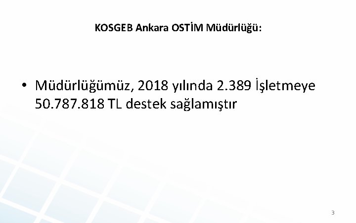 KOSGEB Ankara OSTİM Müdürlüğü: • Müdürlüğümüz, 2018 yılında 2. 389 İşletmeye 50. 787. 818
