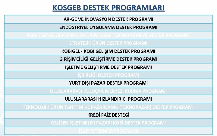 KOSGEB DESTEK PROGRAMLARI AR-GE VE İNOVASYON DESTEK PROGRAMI ENDÜSTRİYEL UYGULAMA DESTEK PROGRAMI KOBİ TEKNOLOJİK