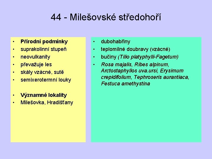 44 - Milešovské středohoří • • • Přírodní podmínky suprakolinní stupeň neovulkanity převažuje les