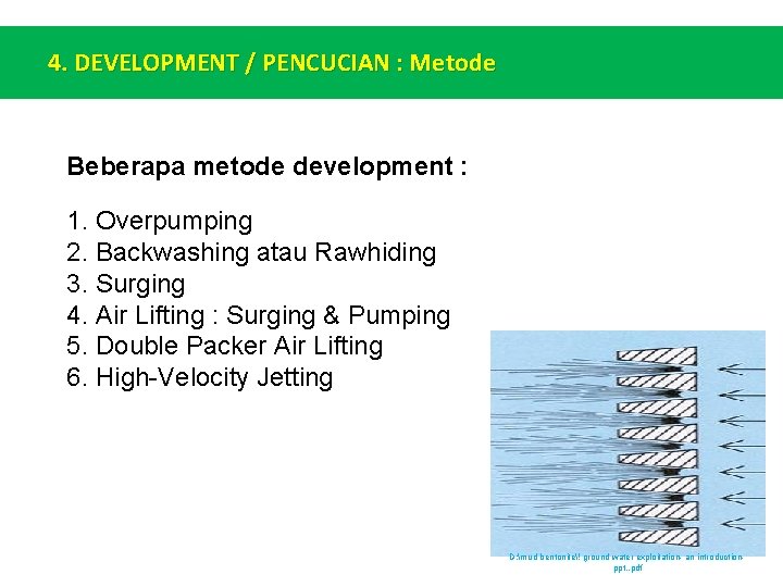 4. DEVELOPMENT / PENCUCIAN : Metode Beberapa metode development : 1. Overpumping 2. Backwashing