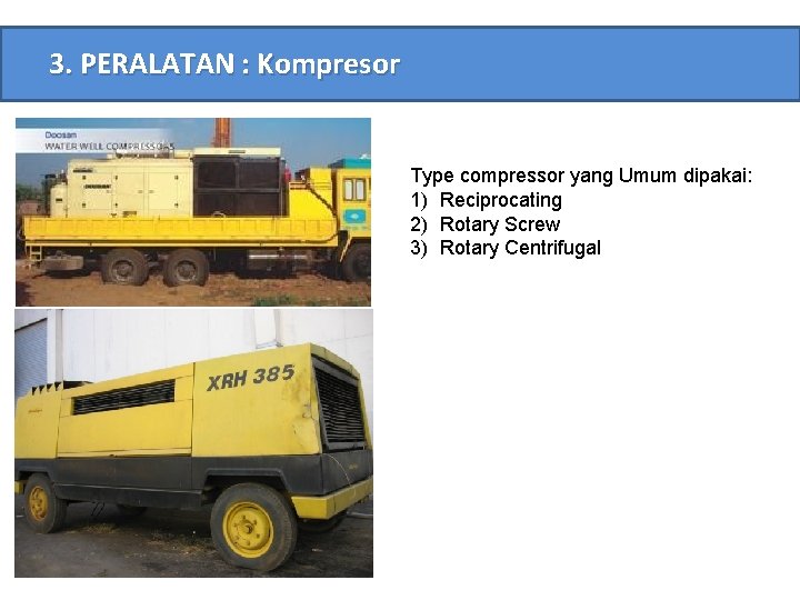 3. PERALATAN : Kompresor Type compressor yang Umum dipakai: 1) Reciprocating 2) Rotary Screw