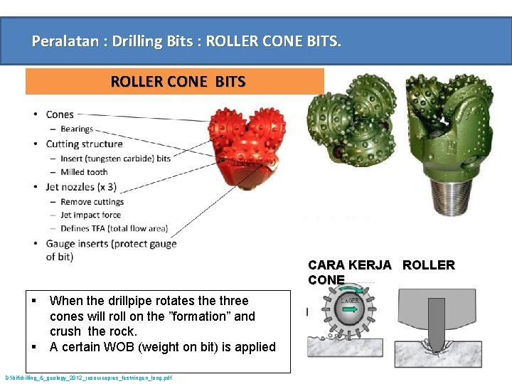 Peralatan : Drilling Bits : ROLLER CONE BITS CARA KERJA ROLLER CONE § When