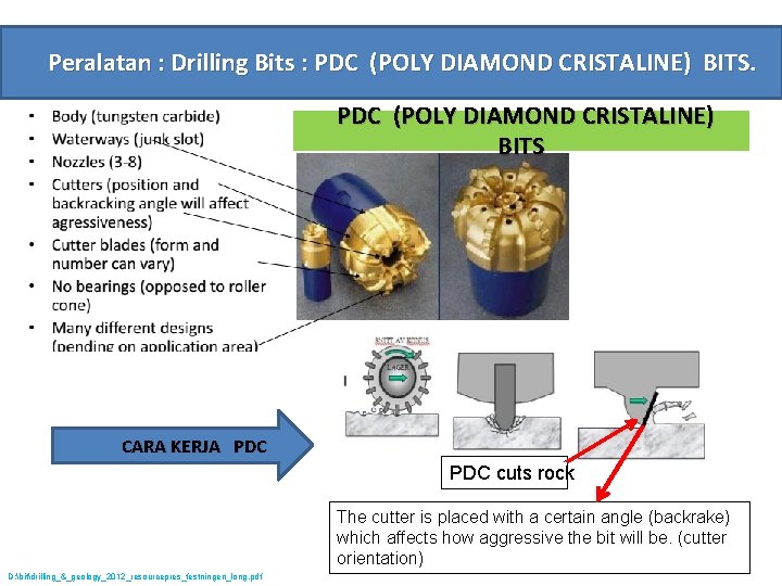 Peralatan : Drilling Bits : PDC (POLY DIAMOND CRISTALINE) BITS CARA KERJA PDC cuts