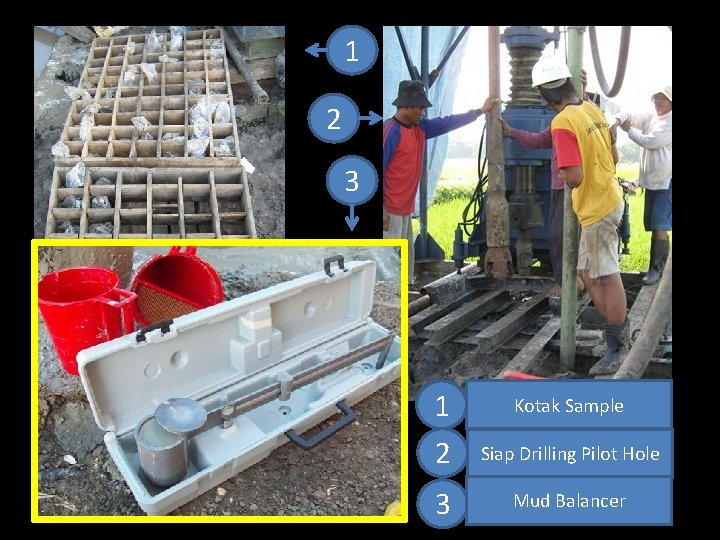 1 2 3 Kotak Sample Siap Drilling Pilot Hole Mud Balancer 