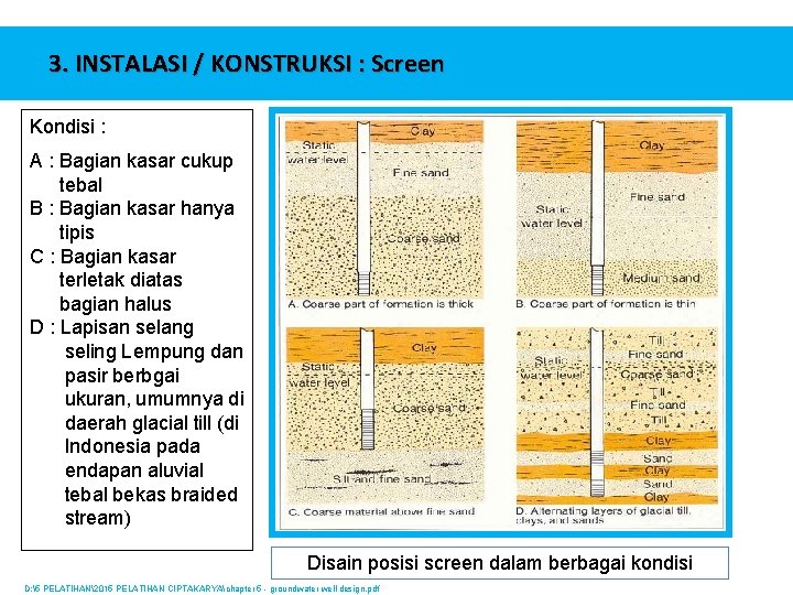 3. INSTALASI / KONSTRUKSI : Screen Kondisi : A : Bagian kasar cukup tebal