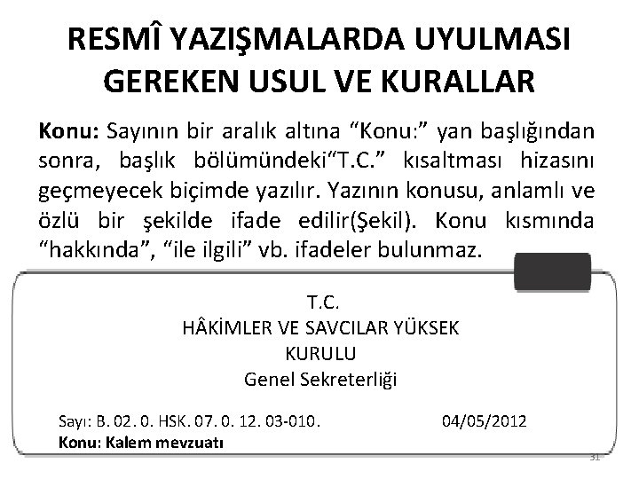 RESMÎ YAZIŞMALARDA UYULMASI GEREKEN USUL VE KURALLAR Konu: Sayının bir aralık altına “Konu: ”
