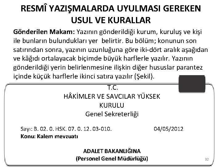 RESMÎ YAZIŞMALARDA UYULMASI GEREKEN USUL VE KURALLAR Gönderilen Makam: Yazının gönderildiği kurum, kuruluş ve