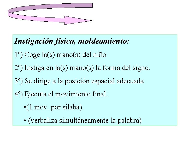 Instigación física, moldeamiento: 1º) Coge la(s) mano(s) del niño 2º) Instiga en la(s) mano(s)