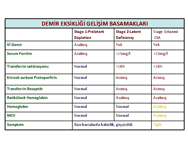 DEMİR EKSİKLİĞİ GELİŞİM BASAMAKLARI Stage 1: Prelatent Depletion Stage 2: Latent Deficiency Stage 3: