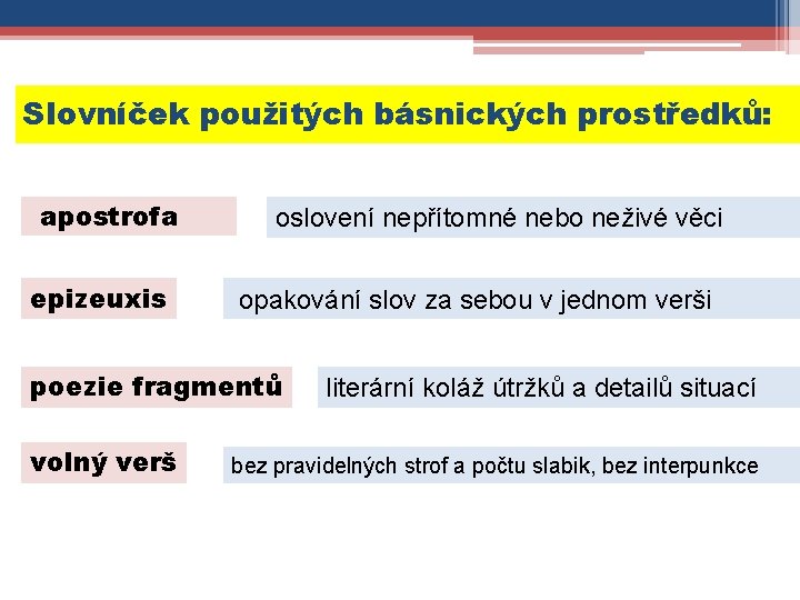 Slovníček použitých básnických prostředků: apostrofa epizeuxis oslovení nepřítomné nebo neživé věci opakování slov za