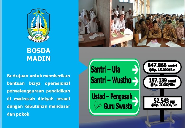 BOSDA MADIN Bertujuan untuk memberikan bantuan biaya operasional penyelenggaraan pendidikan di madrasah diniyah sesuai