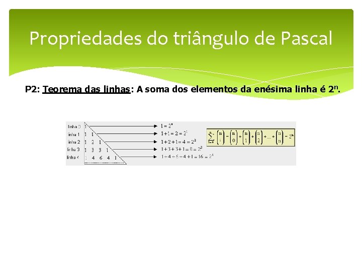 Propriedades do triângulo de Pascal P 2: Teorema das linhas: A soma dos elementos