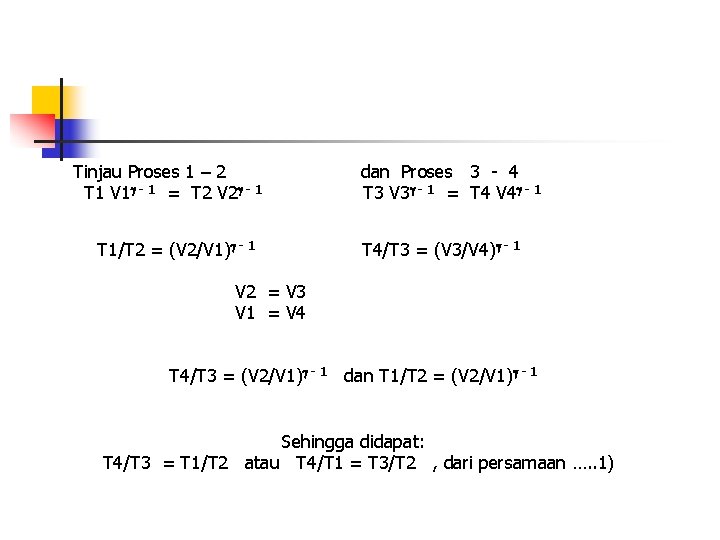 Tinjau Proses 1 – 2 T 1 V 1 - 1 = T 2