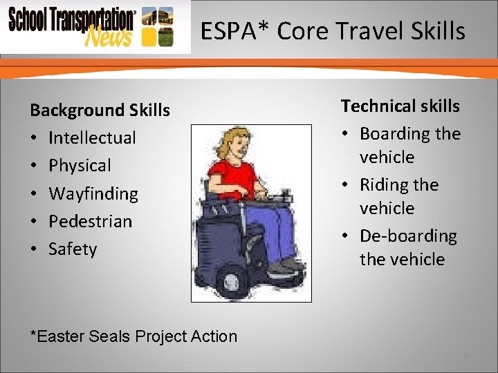 ESPA* Core Travel Skills Background Skills • Intellectual • Physical • Wayfinding • Pedestrian