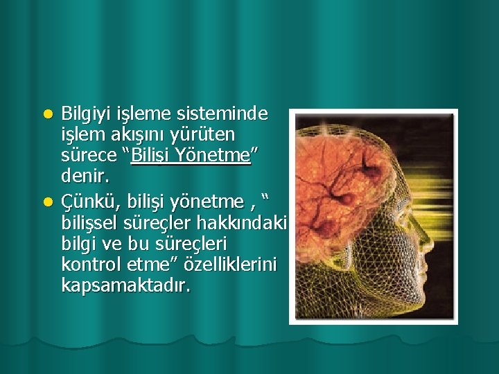 Bilgiyi işleme sisteminde işlem akışını yürüten sürece “Bilişi Yönetme” denir. l Çünkü, bilişi yönetme